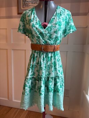 Boho Green Floral Faux Wrap-Style Mini Dress Lace Size 12